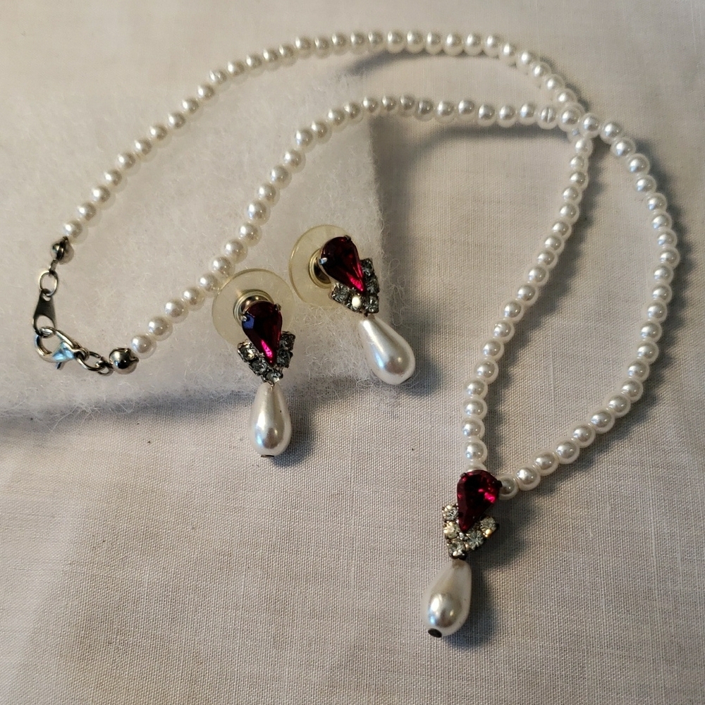 Faux Pearl & Red Gem Jewelry Set- 15.5" Necklace & Matching Drop Earrings